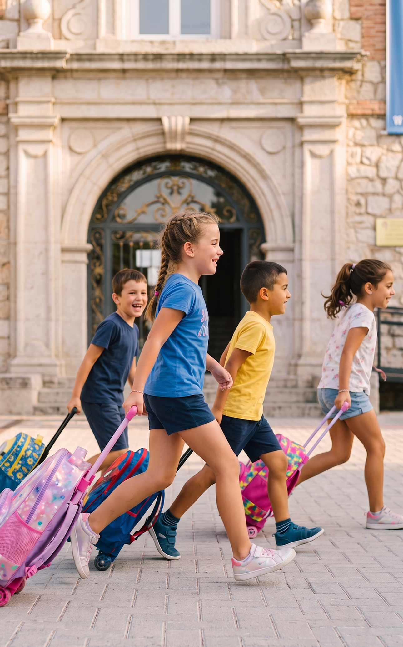 Niños regresando al colegio con sus mochilas
