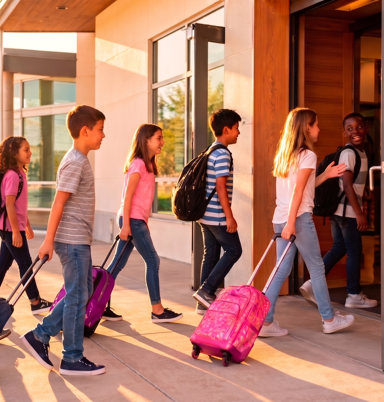 Niños regresando al colegio con sus mochilas