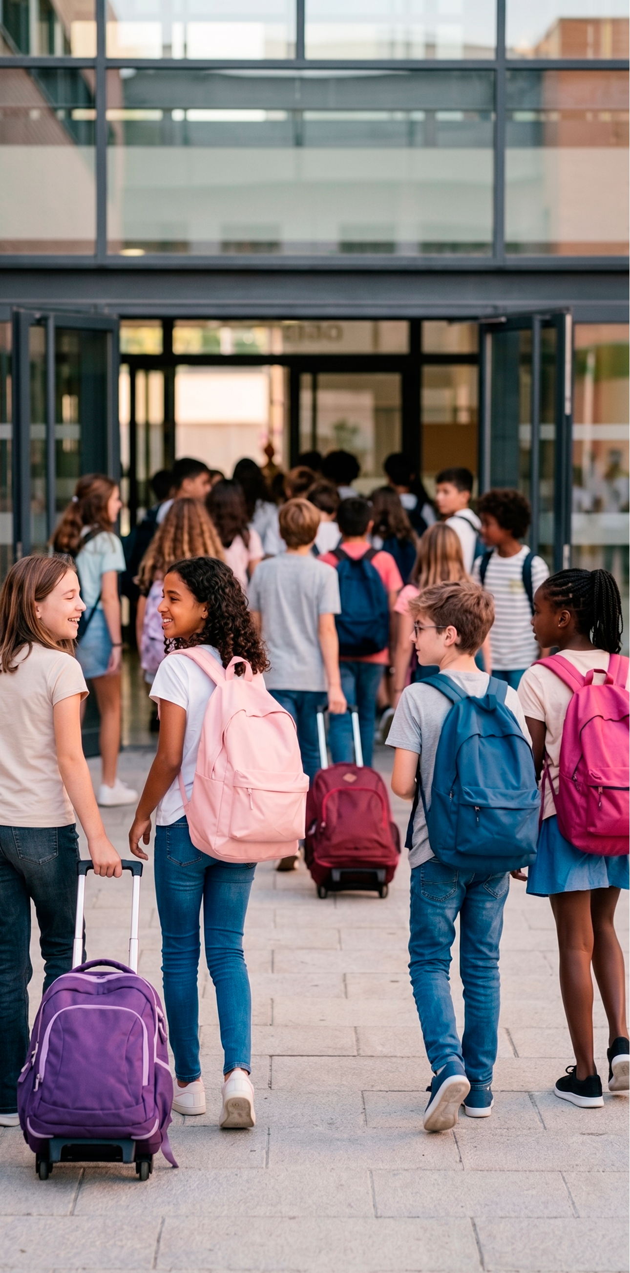 Niños regresando al colegio con sus mochilas