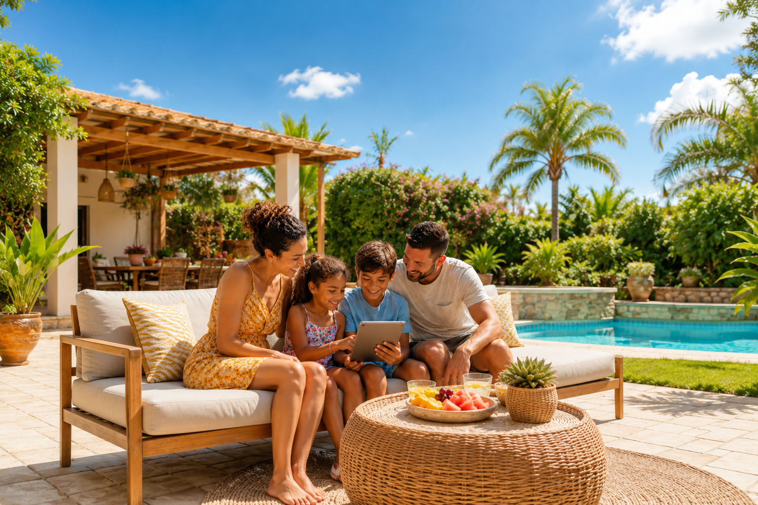 Familia compartiendo un momento de aprendizaje con una tablet