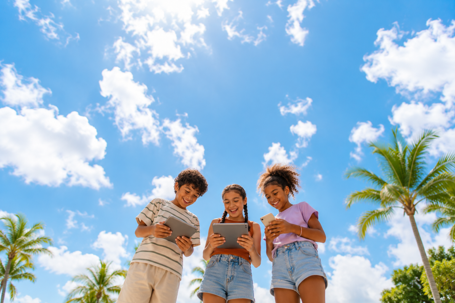 Tres niños sonriendo mientras usan una tablet y un móvil al aire libre